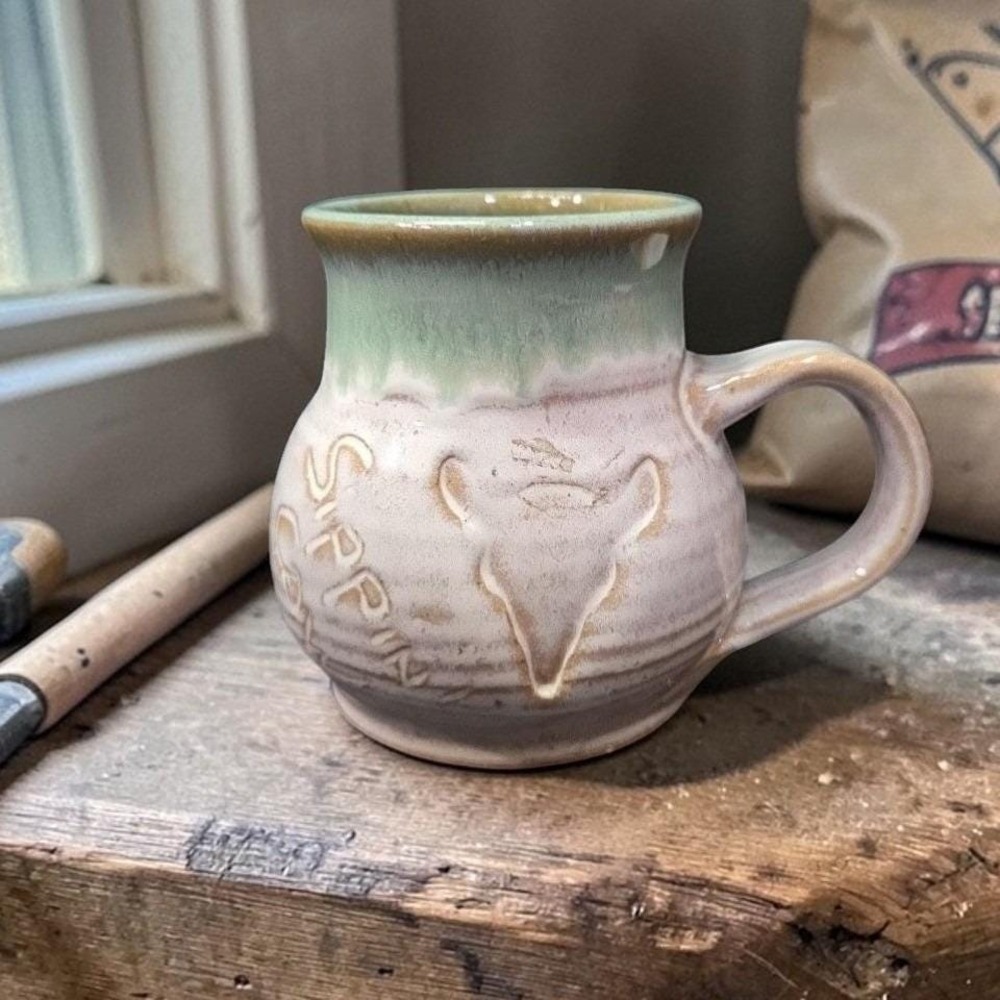 Studio Pottery Sippin' Cow Mug, Artisan Signed Vintage Stoneware, Gray Green Tan